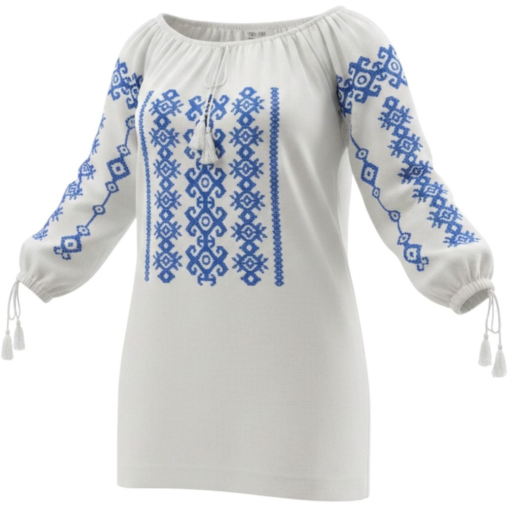 Cute Options White Blue Embroidered Rayon Peasant Tunic Top Boho Tassel Medium‎